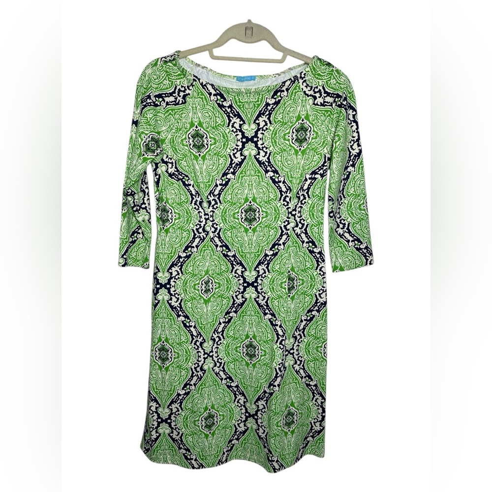 J. McLaughlin Catalina Cloth Sheath Dress‎ in Green, Navy, & White Size Small